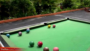Bigtitted T-girl fondles bigtits and jacks off on pool table